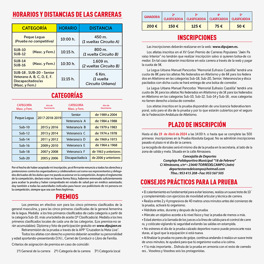 Horarios y distancias de las carreras populares