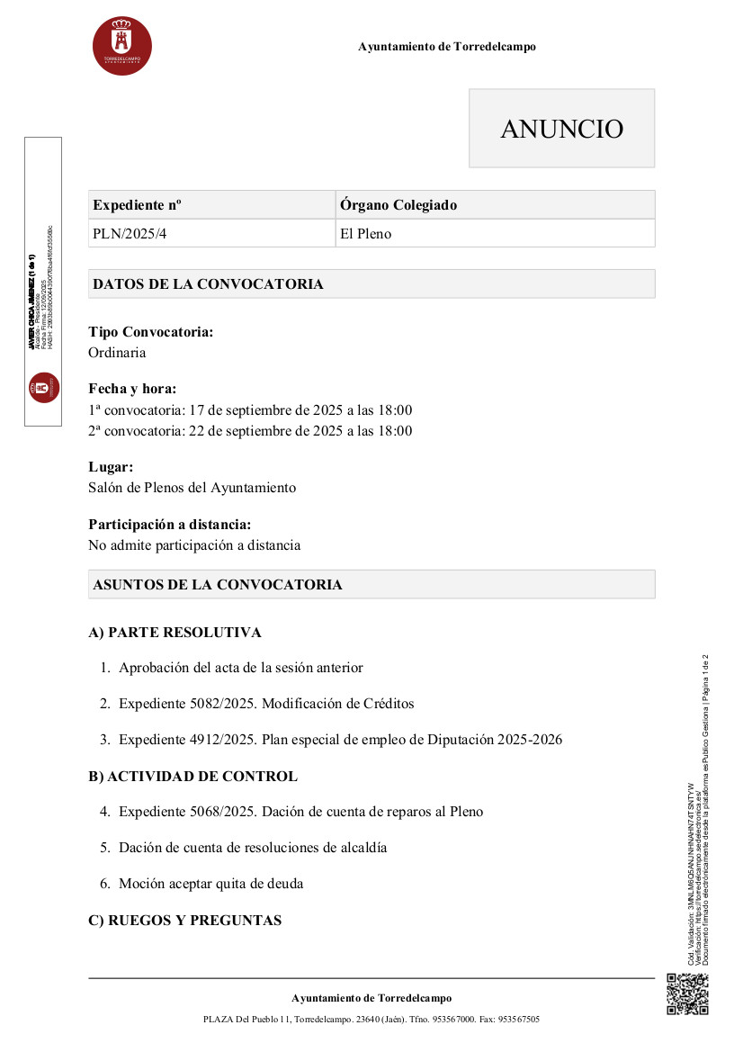 Convocatoria de sesión plenaria 17 y 22 de septiembre