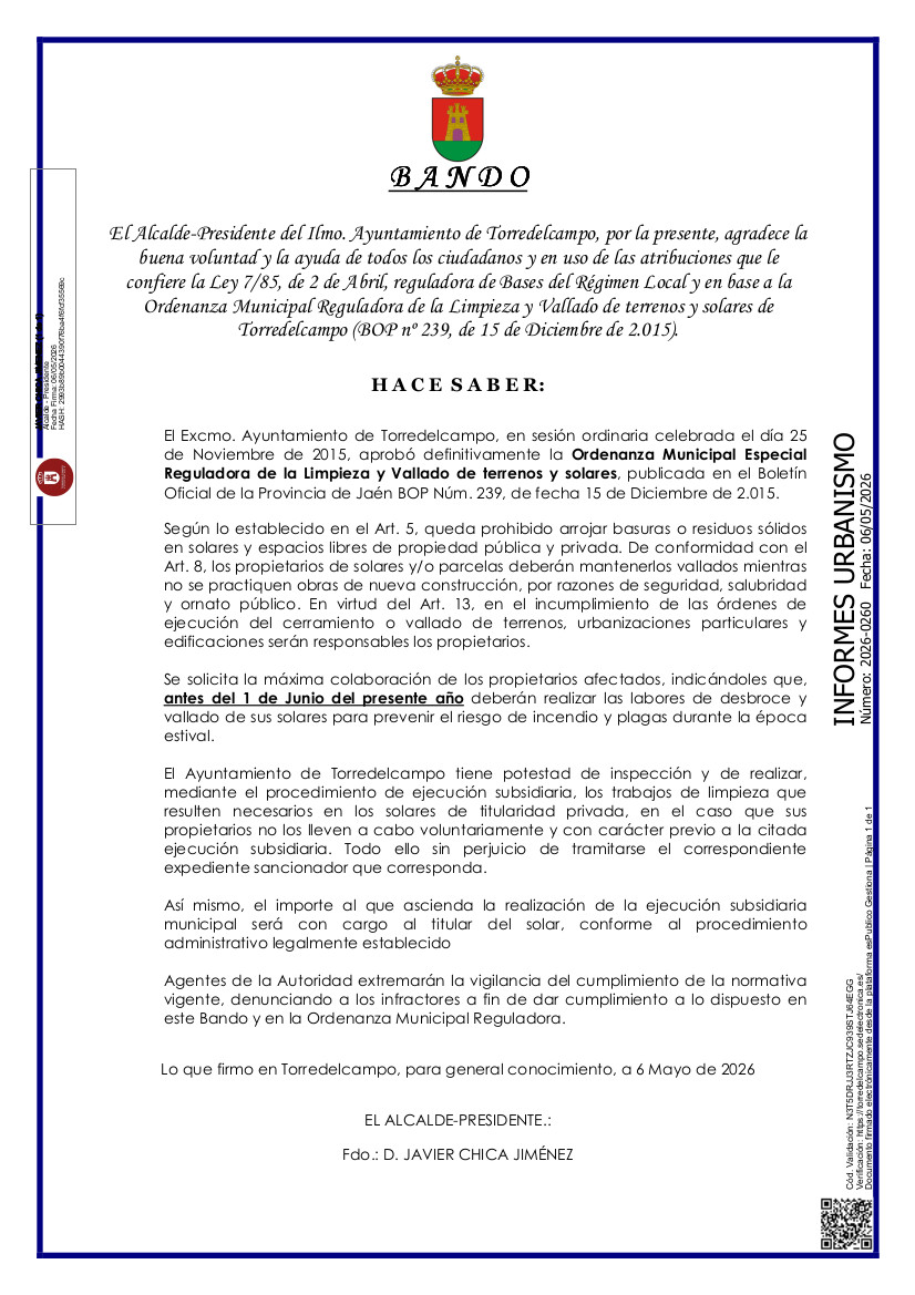 Bando de limpieza y vallado de solares 2026